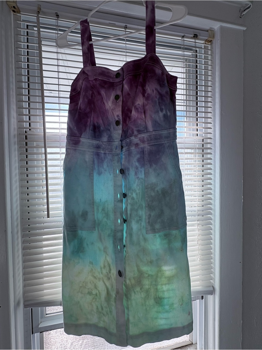 One of a Kind Ice Dye Button Front Denim Dress in Purple & Teal